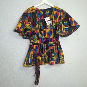 D’iyanu Women’s Size Medium Peplum Bright Colorful Short Sleeve Top NWT